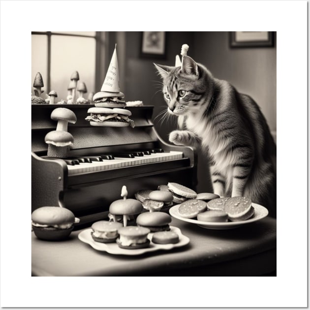 piano playing cat with burgers on his birthday Wall Art by Catbrat